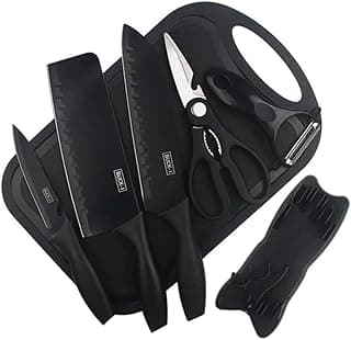 Conjunto de facas pretas de 7 peças com suporte, conjunto profissional de facas de cozinha com tábua de cortar