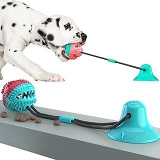 Brinquedo interativo para cães com bola vermelha e branca, corda azul e turquesa, ventosa e cabo de guerra