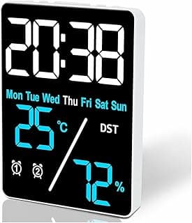 Relógio despertador digital LED com termômetro e calendário, mostrando hora, data, temperatura e umidade.