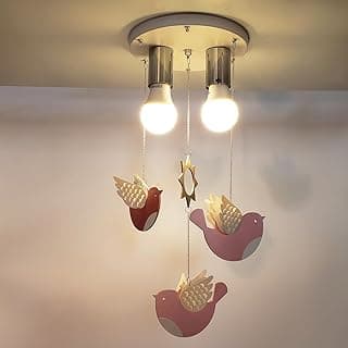 Luminária de teto infantil com passarinhos rosa e luzes pendentes