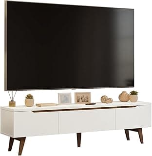 Rack branco para TV até 75 polegadas com dois compartimentos e uma gaveta, com decoração e TV preta