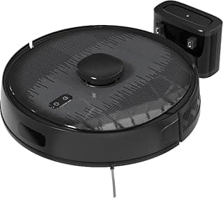 Aspirador robô inteligente preto, ângulo frontal, design circular com grade e botões, luz indicadora.