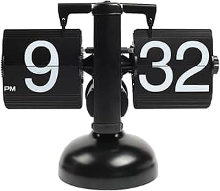 Relógio de mesa flip preto com design retrô vintage, mostradores '9' e '32', base preta, mecanismo de engrenagem visível.