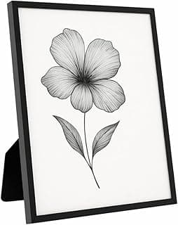 Porta-retrato de metal preto com vidro e arte de flor em preto e branco.