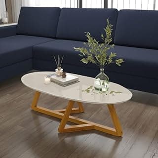 Mesa Mesinha de Centro Apoio Sala Oval Orgânica Moderna Cor Off White Nature Pés Madeira MDF Barata FULL