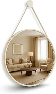 Espelho decorativo redondo suspenso com alça de couro ecológico - Off-white 40cm
