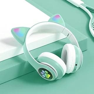 Fone de ouvido infantil Bluetooth com design de orelhas de gato, LEDs RGB, dobrável e ajustável