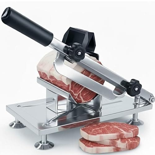 Fatiador manual de carne em aço inoxidável com lâmina afiada, montado em base de corte com pés de metal.