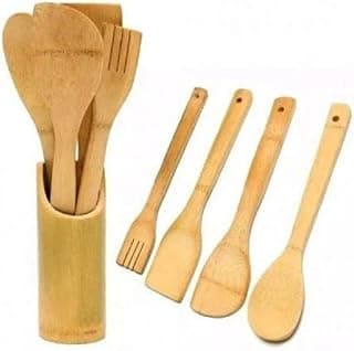Utensílios de cozinha em bambu com suporte - 5 peças