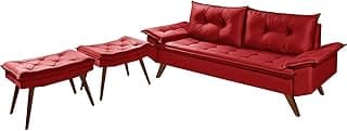 Sofa Retro Bariloche 3 Lugares Tecido Suede Com Duas Banquetas Rubi Pes em Madeira Cor:Vermelho