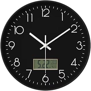 Relógio de parede preto moderno com LCD e números em relevo
