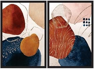 Dois quadros decorativos boho com formas abstratas coloridas em moldura preta