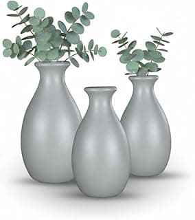 Trio de vasos decorativos cinza minimalistas em cerâmica com folhas verdes