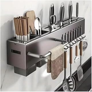 Suporte organizador de utensílios de cozinha em aço inoxidável cinza, 59,5 cm, com 10 ganchos e compartimentos para facas e talheres.