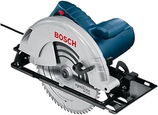 Serra circular Bosch GKS 235 com disco de corte e guia de corte, corpo em preto e azul, detalhes em prata