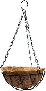 Vaso suspenso de fibra de coco com estrutura de metal preto
