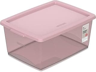 Caixa organizadora transparente de 15 litros cor rosa com tampa e alças