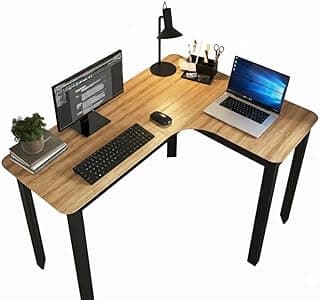 Mesa gamer em L com teclado, monitor e laptop, fundo branco