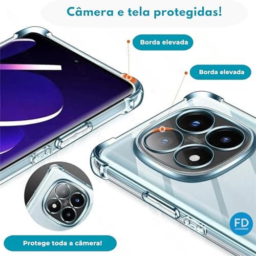 Capa transparente FD para Redmi Note 14 Pro 5G, com bordas elevadas e proteção total.