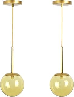 Kit de dois pendentes dourados com cúpulas de vidro âmbar, Kit 2 Pendentes Jabuticaba Dourado Globo De Vidro Âmbar
