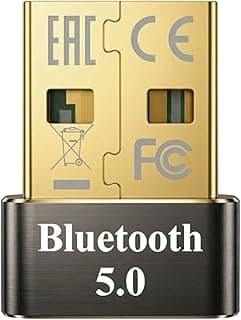 Adaptador Bluetooth 5.0 USB para PC e notebook, dourado com inscrições EAC, CE, FC
