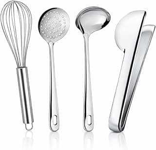 Conjunto de utensílios de cozinha de aço inoxidável premium com espumadeira, escumadeira, fouet, concha e pegador de salada