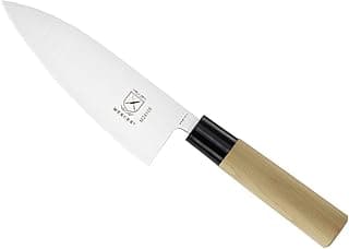 Faca de chef Mercer Culinary Collection Asiática 15 cm, lâmina afiada, cabo em madeira, fundo branco.
