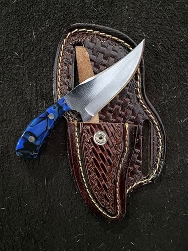 Faca Tatuzinha Lisa Bainha Couro Legítimo Mini Faquinha Campeira Skinner Aço Inox Uso Diário Versátil Corte Preciso (LISA AZUL)