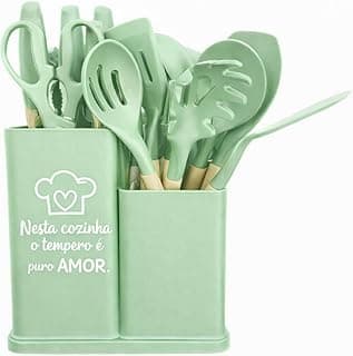 Conjunto de utensílios de cozinha premium em silicone verde claro com suportes e frase motivacional