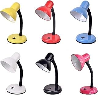 Seis luminárias de mesa articuladas em amarelo, vermelho, azul, branco, preto e rosa