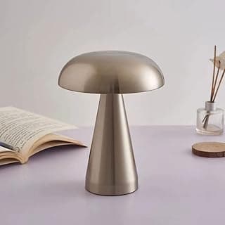 Luminária Abajur de Mesa Cogumelo Metálico LED, Sem Fio, Quarto Restaurante, Recarregável USB, Touch com Dimmer (Prata)