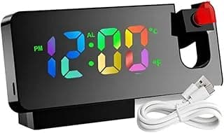 Relógio de mesa digital com projetor de horas, LED multicolorido, termômetro e alarme, conectado a cabo USB, preto e cinza