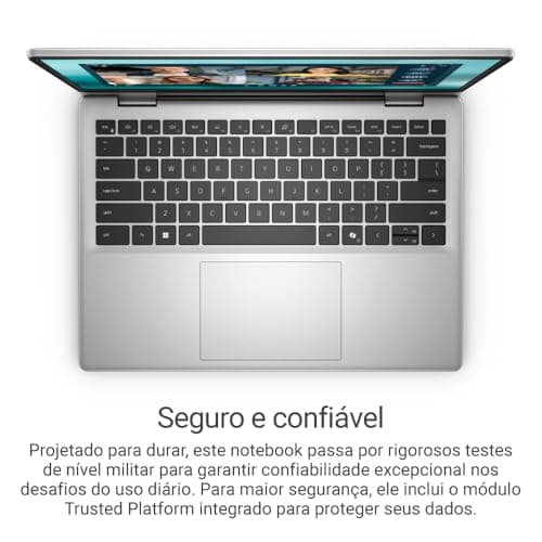 Notebook Dell Core 5 120U FHD+ 14' prata aberto mostrando o teclado.