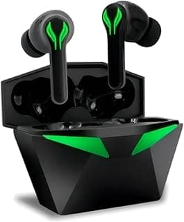 Fone de ouvido gamer Bluetooth 5.3 preto com detalhes verdes neon, design ergonômico e microfone embutido.
