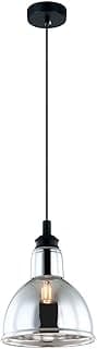 Pendente de teto com cúpula de vidro e base de metal preto, iluminação incandescente, fundo branco
