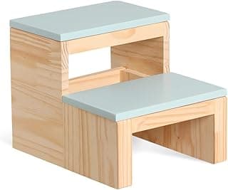 Escada infantil de madeira com acabamento laqueado azul, dois degraus, fundo branco