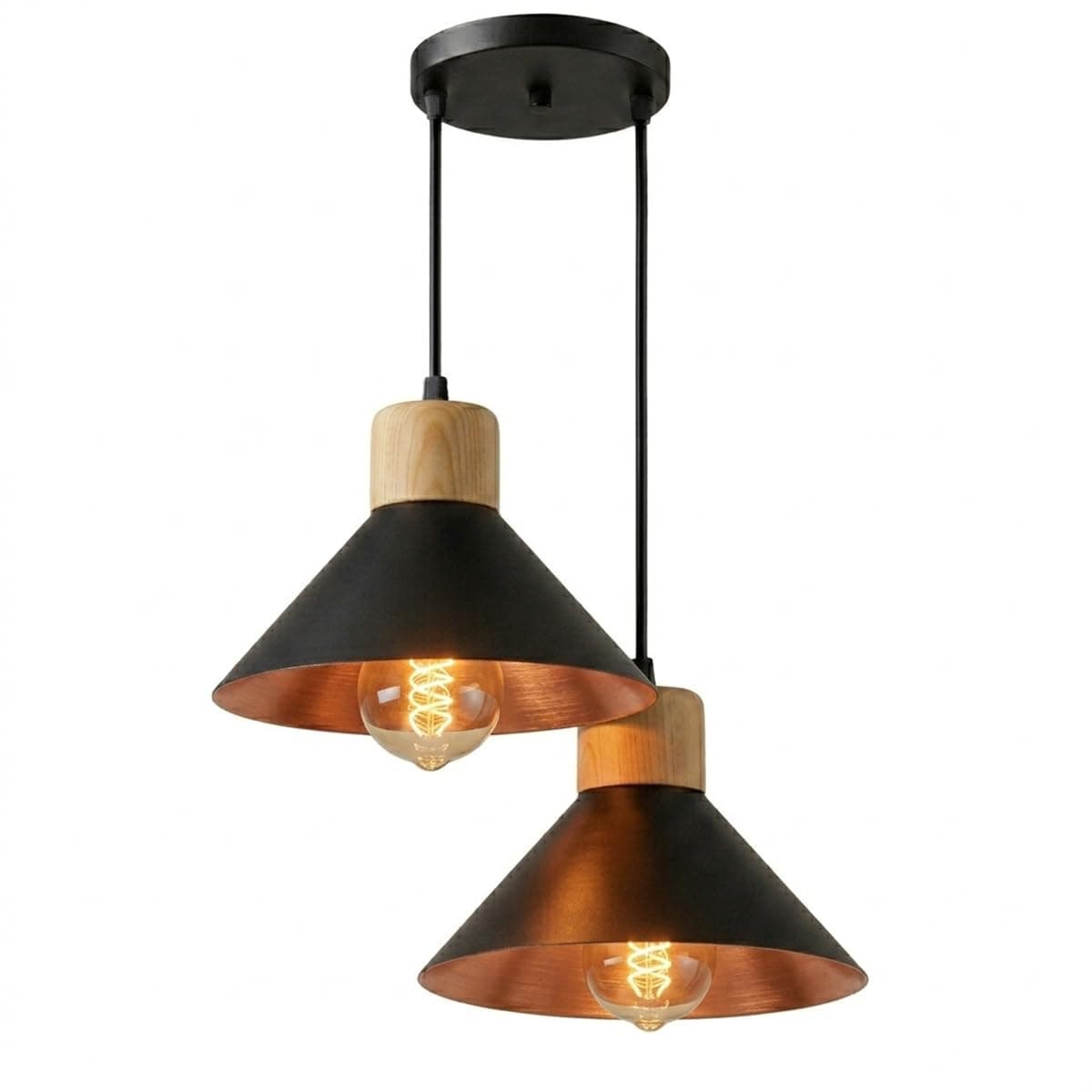 Lustre Luminária Pendente Dupla Zen Moderna para Sala de Jantar e Cozinha – Luminária Decorativa de Teto Estilo Industrial Minimalista – Iluminação para Sala, Quarto e Área Gourmet (Preto e Cobre)