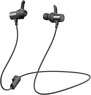 Fones de ouvido Bluetooth SOUNDPEATS Q40, design de pescoço, preto e prata, cabo preto, conector, fundo branco