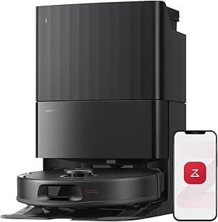 Aspirador e esfregão robô Qrevo S5V da roborock em cor preta com smartphone à direita