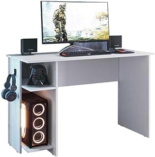 Escrivaninha gamer branca com suporte para fone e compartimento para CPU