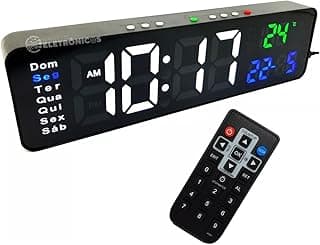 Relógio Digital LED Mesa/Parede com Controle Remoto, Calendário, Alarme, Cronômetro, Termômetro, USB 5V – Dias da Semana em Português – Preto