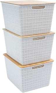Kit de três caixas organizadoras de 18 litros com tampa de bambu, branco