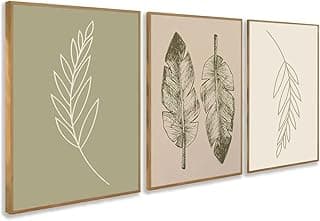 Kit de 3 quadros decorativos minimalistas com folhas verdes, molduras de madeira, fundos variados