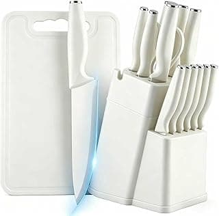 Conjunto de facas de cozinha brancas EKROTOK com tábua de corte, 15 peças, facas de aço inoxidável, bloco de armazenamento