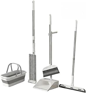 Kit de limpeza com mop, vassoura, rodo, pá de lixo e balde, cinza e branco