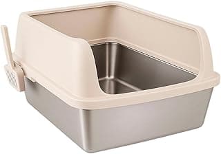 Caixa de Areia para Gatos em Aço Inox com Bandeja Removível e Bordas Altas Anti-Odor e Anti-Respingo com Pá Higiénica(Bege)