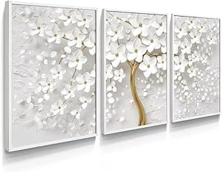 Quadros decorativos brancos com flores em relevo e detalhes dourados para decoração de sala e quarto.