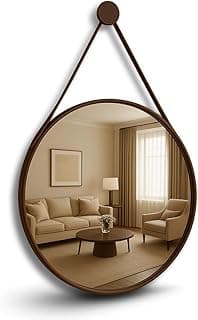 Espelho decorativo redondo suspenso com alça de couro ecológico para sala, quarto ou banheiro.