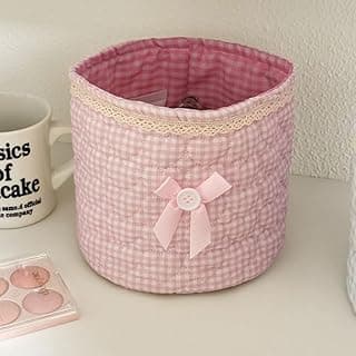 Organizador cilíndrico rosa claro com estampa xadrez para maquiagem
