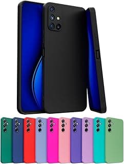 Capa de silicone aveludada para Samsung Galaxy A71, vista de trás aberta, em preto, com várias cores ao fundo.